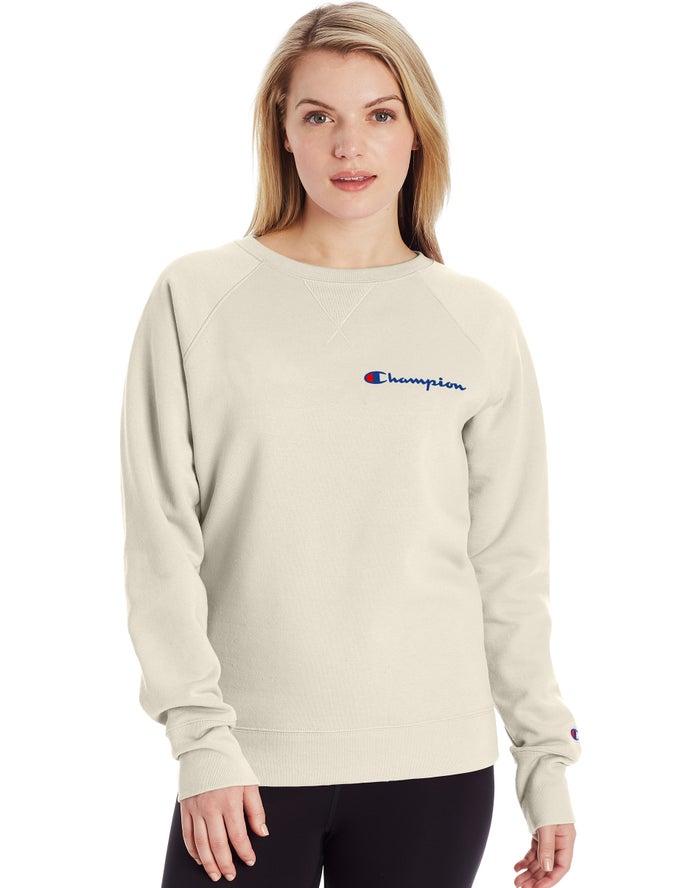 Champion Womens Sweatshirt NZ - Powerblend Fleece Classic Crew Script Logo Cream ( 1639-OYCSJ )